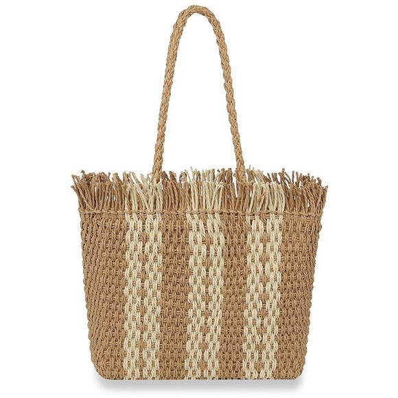 Women Taupe Straw Bag Summer Beach Large Tote Bag Handmade Woven - Picture 1 of 2